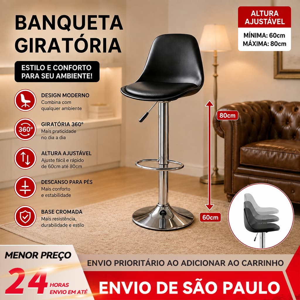 BAIERDI  Cadeira de Bar Preto Ajustavel Altura 360° Giratoria Banco de Cozinha Confortavel para Casa e Bar