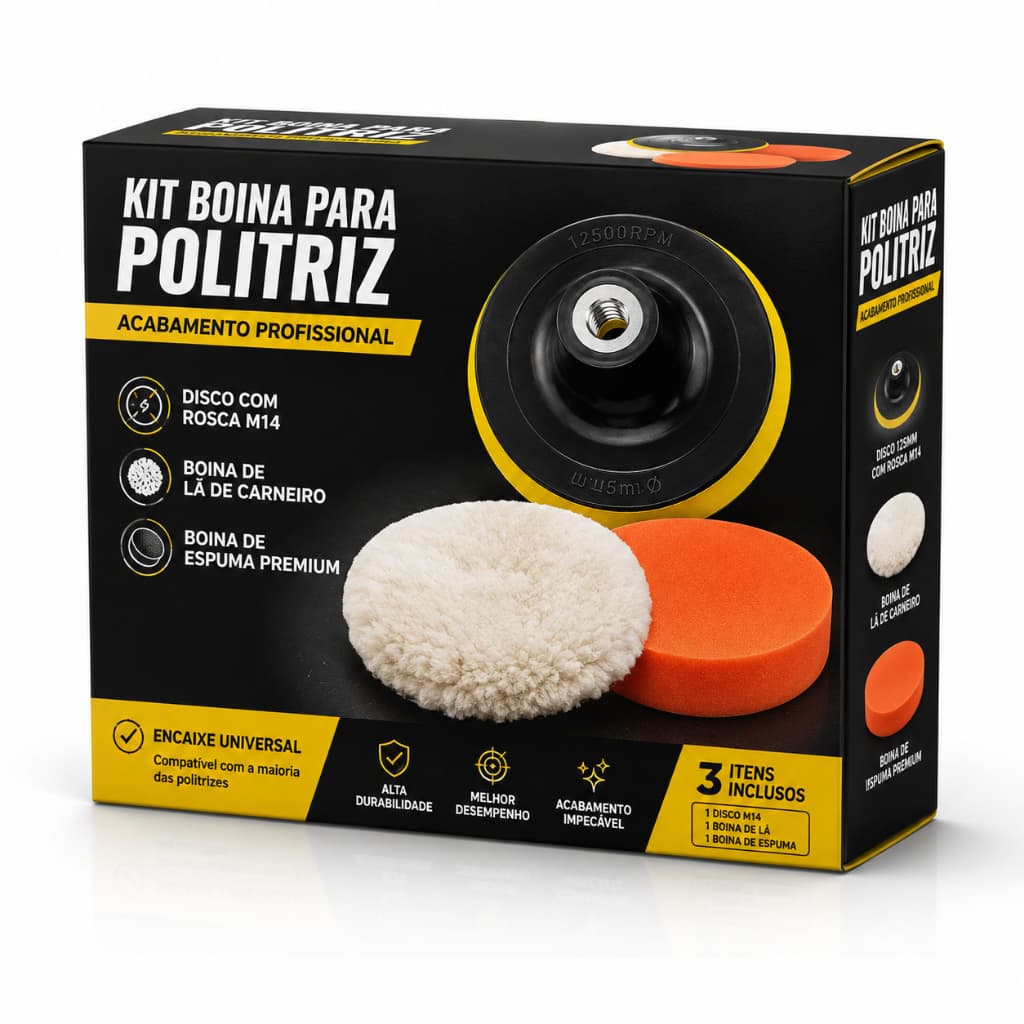 Kit Boina Politriz 125mm M14 Disco Velcro + Boina Espuma Premium + Boina Lã de Carneiro para Polimento Automotivo Carros
