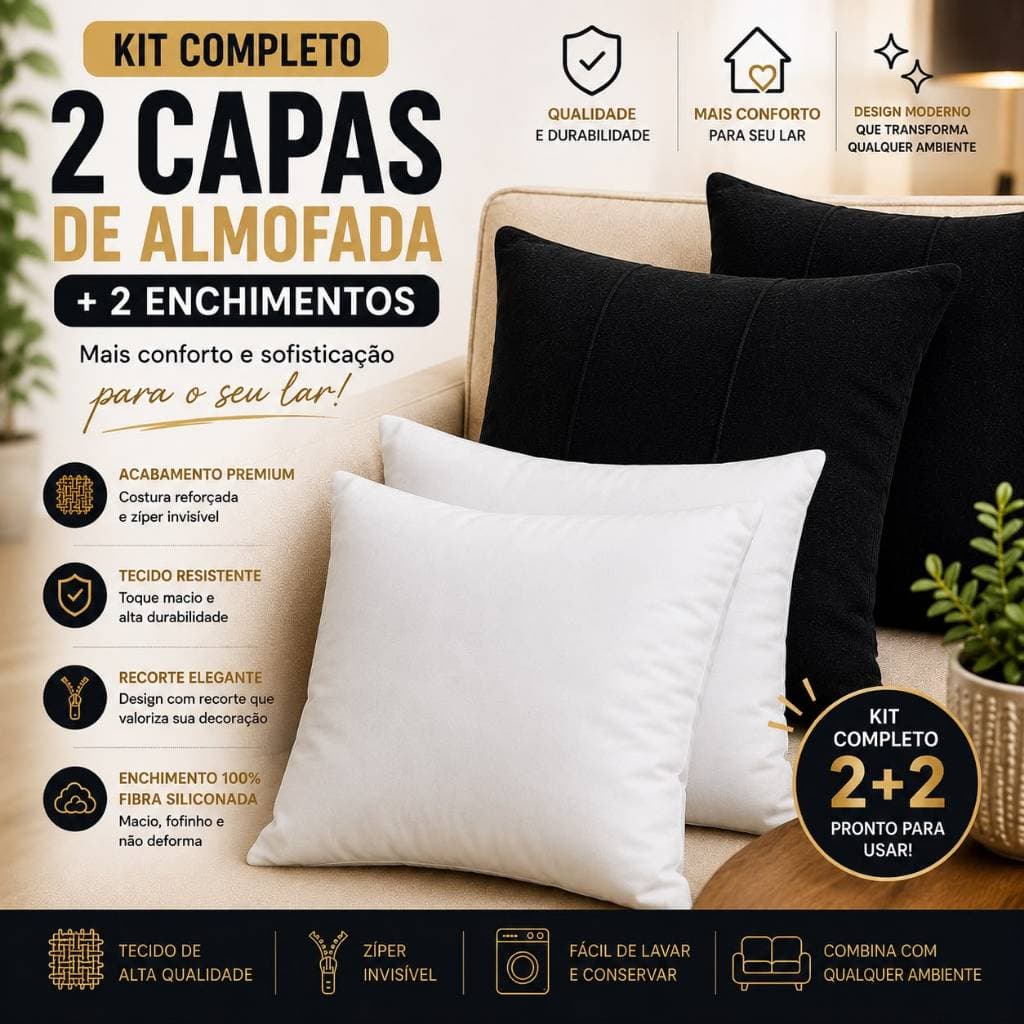 Kit 2 Capas + 2 Enchimento Refil Luxo Suede Premium 45x45cm Para Sofá Sala Quarto