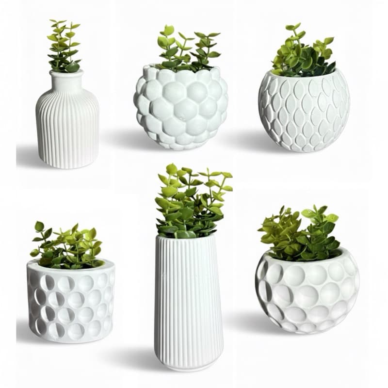 Kit Master 6 Vasos Com Planta Artificial Vasinhos De Decoração Casa Banheiro Balcão Escritório 8x9cm