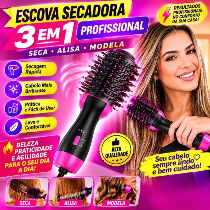 Escova Secadora 3 em 1 Profissional Alisadora Modeladora e Secadora de Cabelo