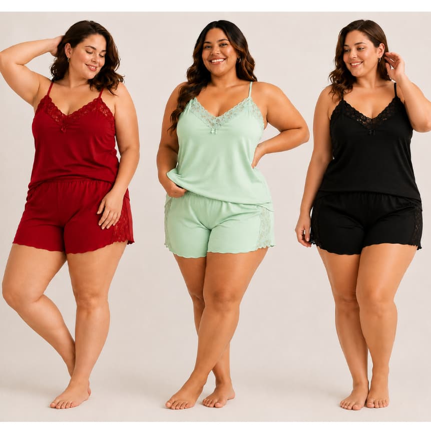 Kit com 3 Conjuntos Baby Doll Feminino Plus Size Blusa e Short de Dormir