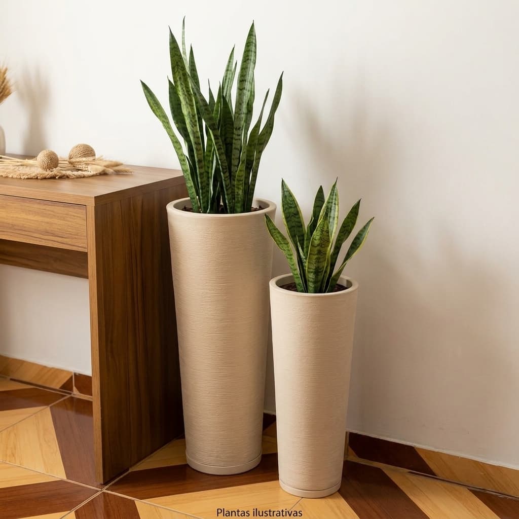 Kit 2 Vasos Plantas Decorativo Polietileno Coluna Classic Ibiza Escovada Prato Coletor Moderno