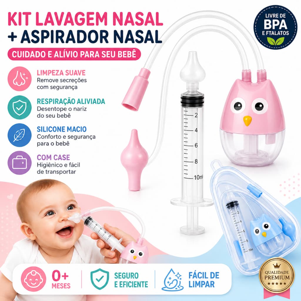 Seringa Lavagem Nasal Bebê + Aspirador Nasal Infantil Silicone BPA FREE Higiene Nariz com Case