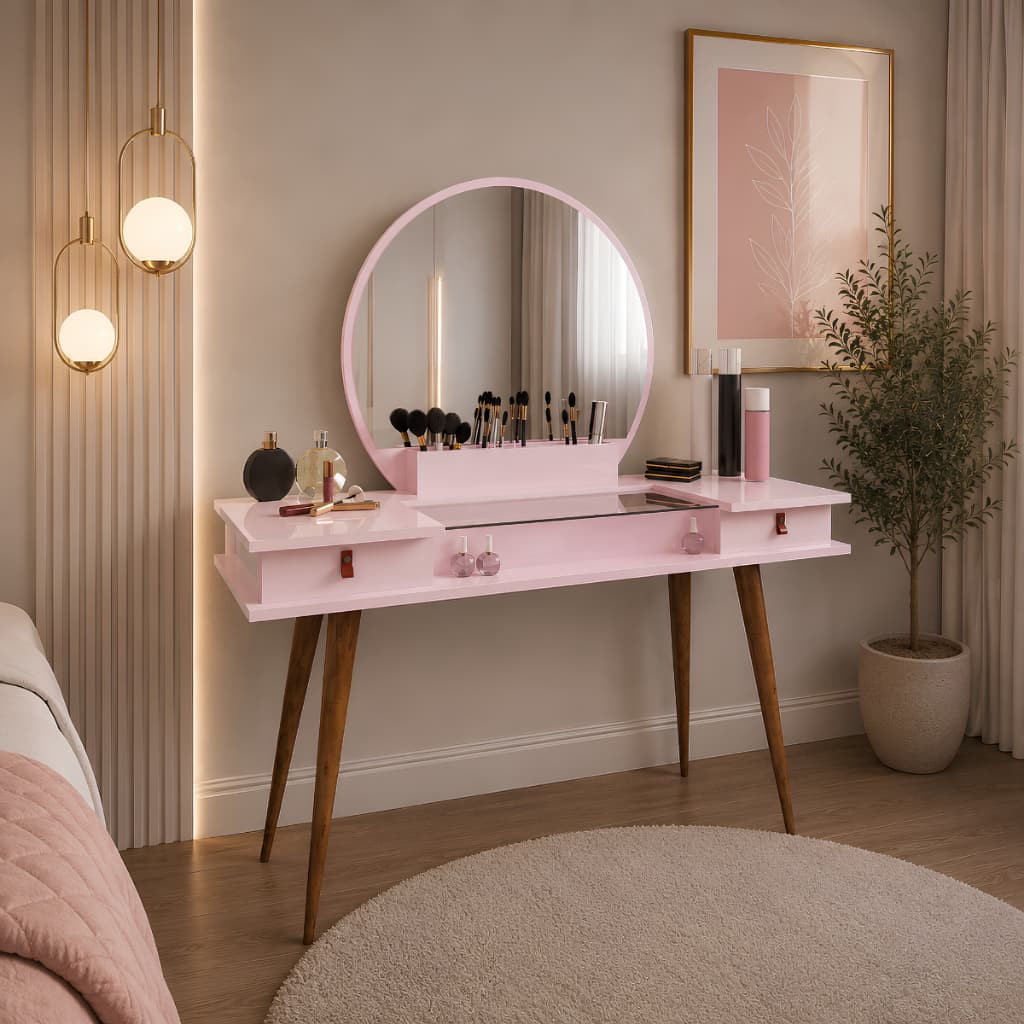 *PROMOÇÃO* Penteadeira Camarim Com Espelho Mesa Para Maquiagem Quarto 2 Gavetas Porta Vidro Nichos