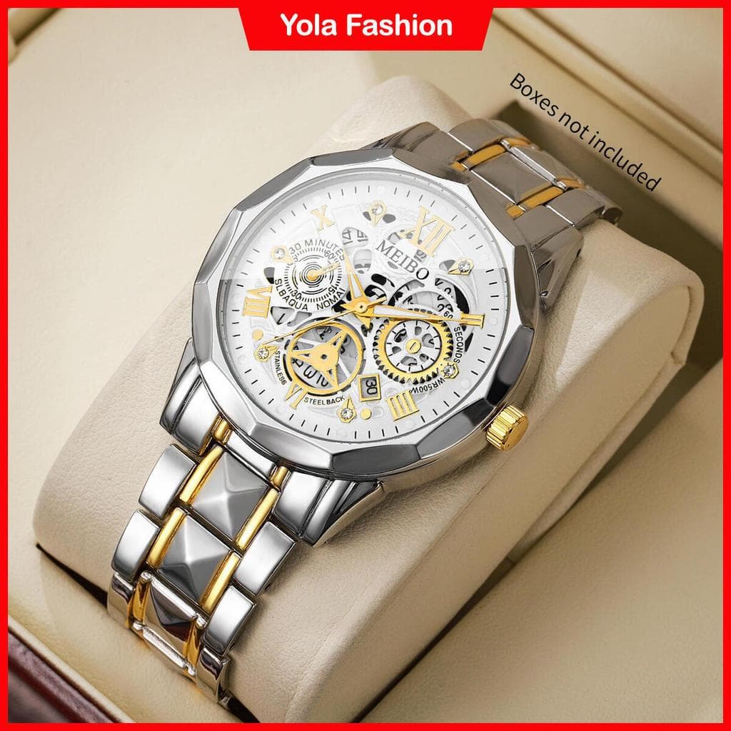 Relógio Prata e Dourado Fundo Branco Pulseira De Aço Inoxidavel
