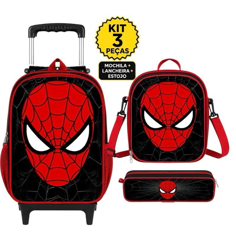 Kit Escolar Mochila Rodinha Homem Aranha Menino Mochila Forro Interno + Lancheira Térmica + Estojo - Resistente