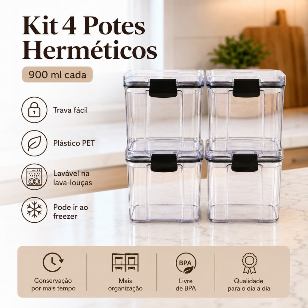 Kit 4 Potes Herméticos Quadrados 900ml com Trava Fácil Empilhável Livre de BPA Pet