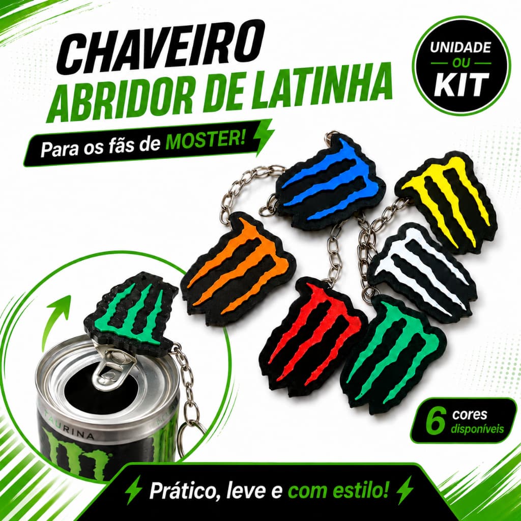 Chaveiro Abridor de Latinha Lata Energético Monster Protege Unhas Resistente 3D Presente Lembrancinha