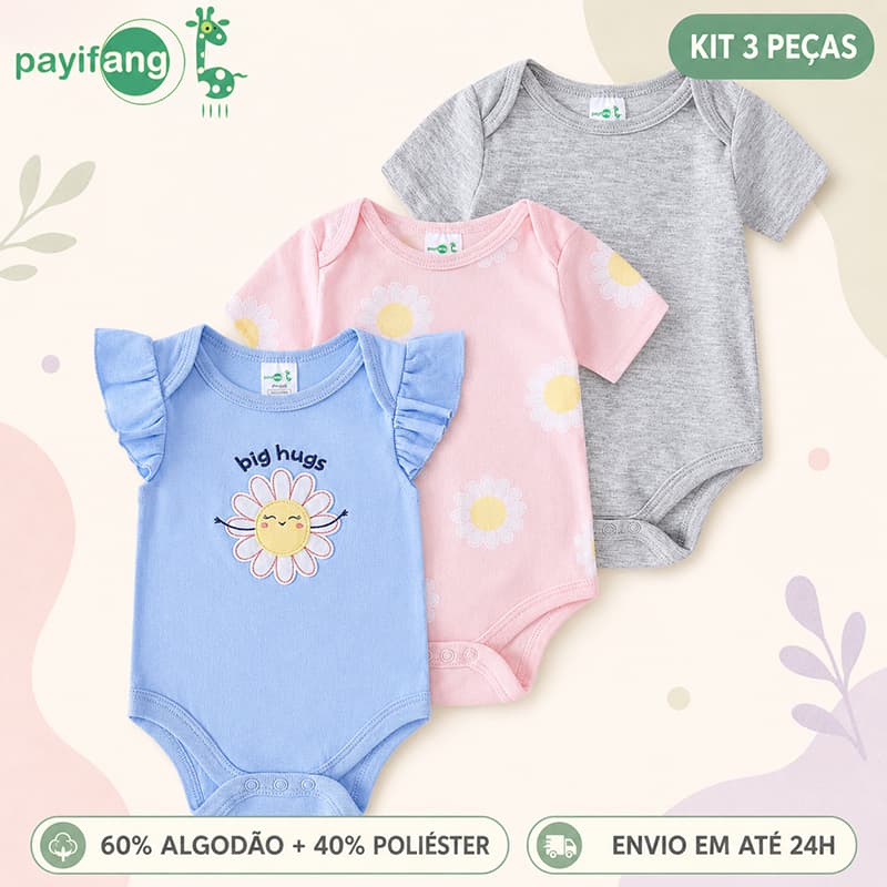 Payifang Kit 3 Bodies Bebê Menina Big Hugs Margarida Manga Curta e Babado 60% Algodão 3M 6M 9M