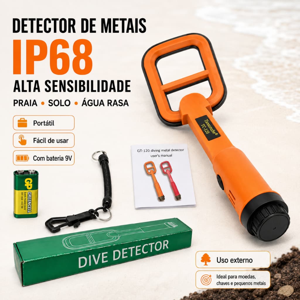 Detector de Metais Impermeável Alta Sensibilidade IP68 Localizador Ouro Tesouro Caça 30m + Bateria Grátis