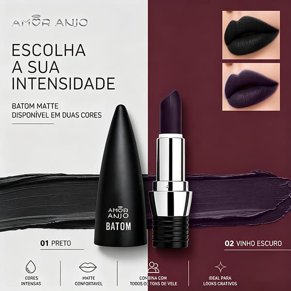 Batom Matte Preto e Roxo - Alta Pigmentação, Acabamento Aveludado, À Prova D'água