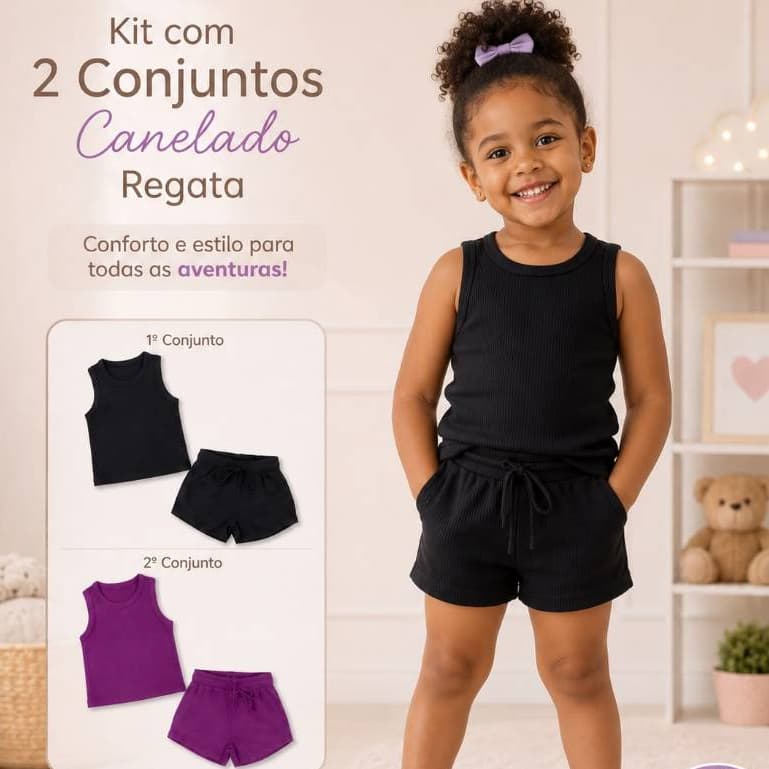 Kit Com 2 Conjuntos Infantil Shorts E Blusa Cropped Sem Manga Canelado Regata