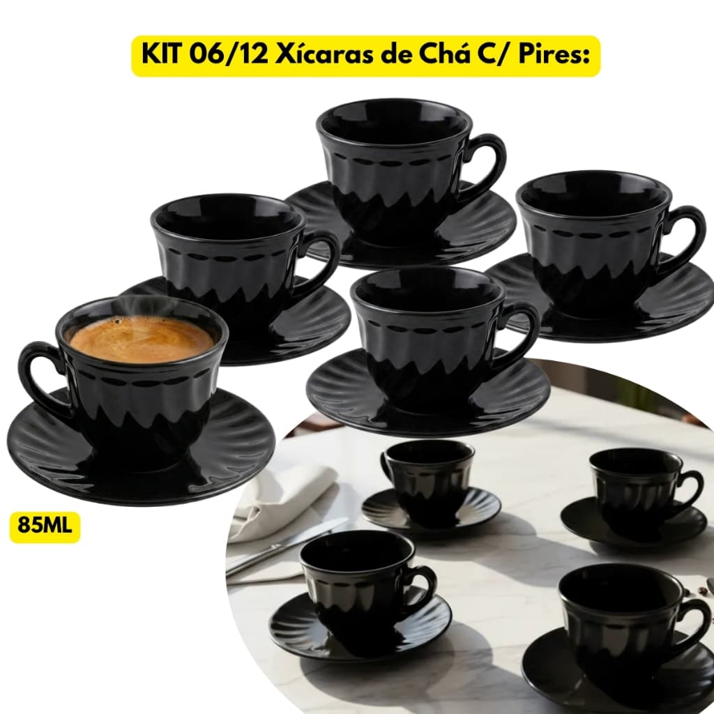Jogo Kit 06/12 Xícaras Vidro Preto 85ML C/ Pires Café Chá Hotel Pequena Lanche Luxo Chique Bonita Chicara