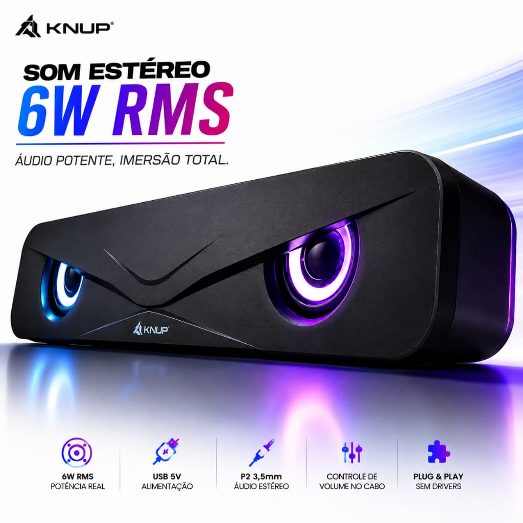 Caixa de Som Gamer para PC Soundbar 6W RMS USB P2 Estéreo RGB Controle de Volume no Cabo