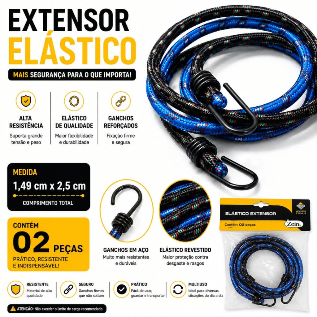Kit 2 Extensores Elásticos 1,49m com Ganchos Reforçados em Aço