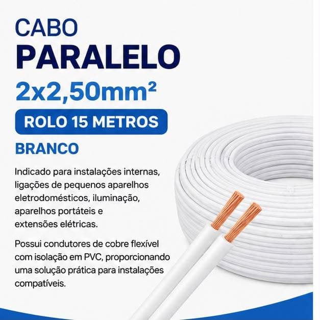 Cabo Paralelo 2x2,50mm Rolo 15 Metros Branco Fio de Cobre Flexível