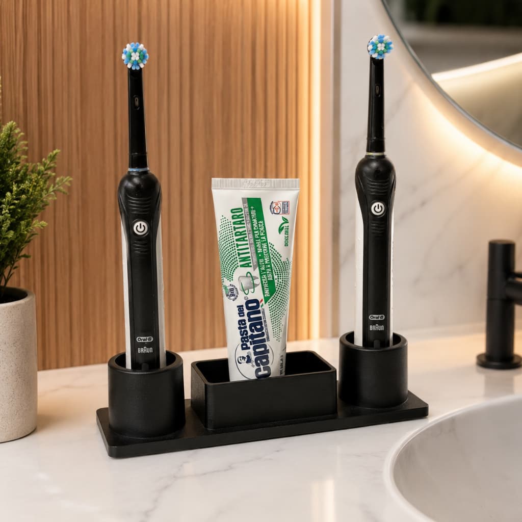 Porta Escova de Dente Elétrica e Pasta Organizador Banheiro Suporte Bancada Preto Branco