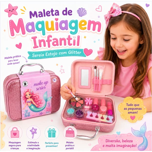 Maleta de Maquiagem Infantil  Sereia Estojo com Glitter, Acessórios – Diversão, Estilo e Criatividade