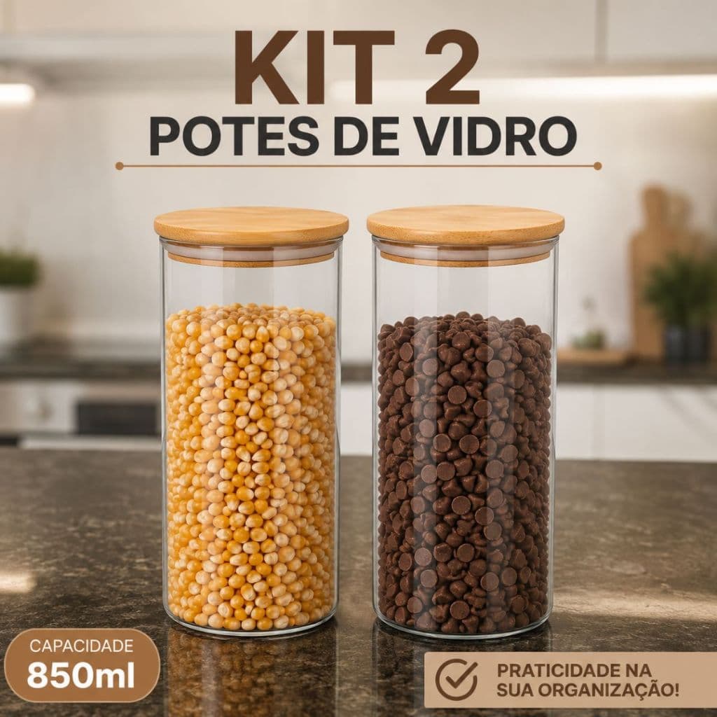 Kit 2 ou 4 Potes de Vidro Borossilicato Hermético Tampa Bambu Porta Mantimentos Organizador 850ml