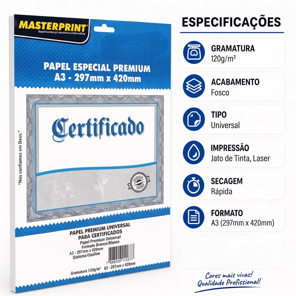 Papel Para Certificado Branco Diplomata Liso A3 120gr Masterprint