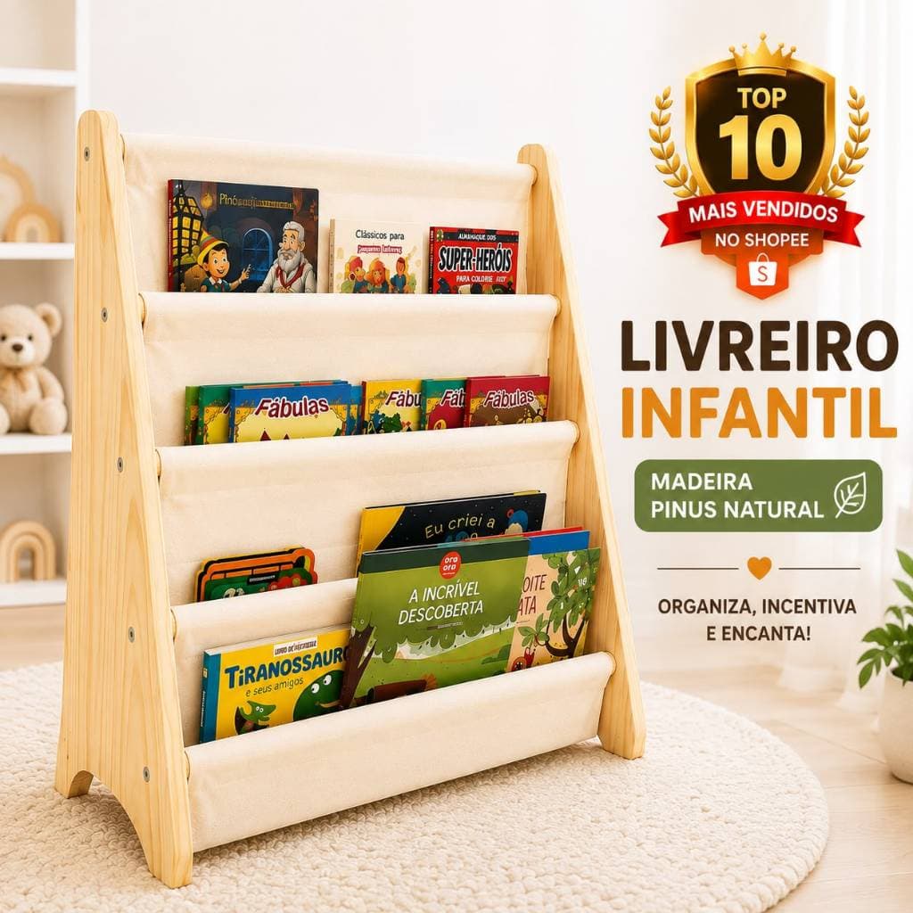 Estante para Livros  Infantil Rack Montessori Prateleira Organizador Livreiro em Madeira e Tecido (ref 01)