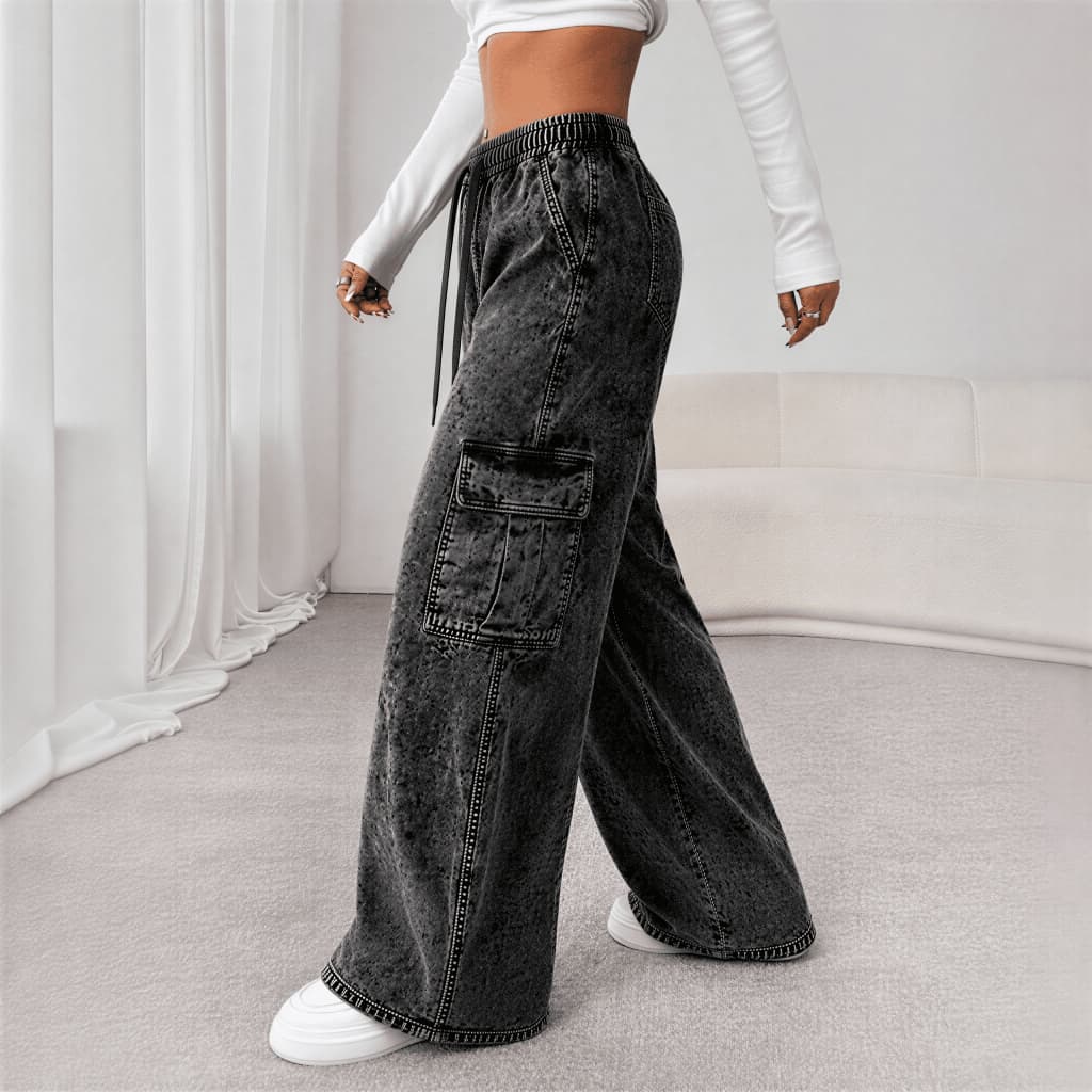 Calça Cargo Feminina Casual Sarja Wide Leg 6 Bolsos Cintura Alta Cordão Regulável Cordão na Cintura Moda Blogueira Trend