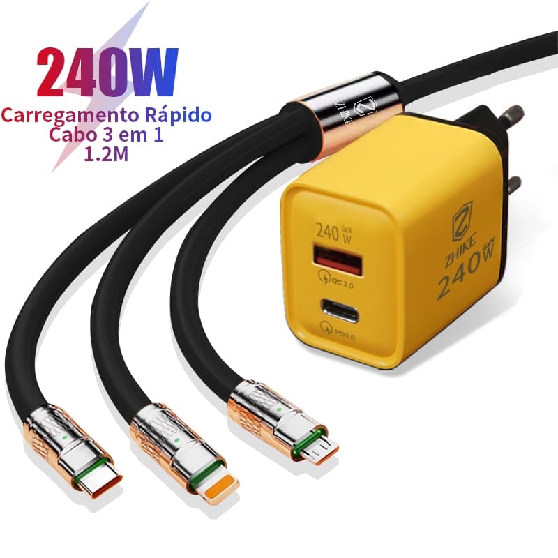 Carregador Cabo Carregamento Rápido 3 em 1 Tipo C Micro USB iP 1,2M Silicone Com Adaptador GaN