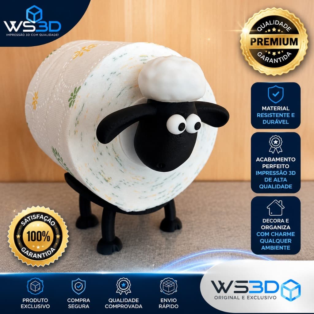 Shaun o Carneiro Suporte para Rolo de Papel Higiênico Impressão 3D em PLA Premium Banheiro Moderno