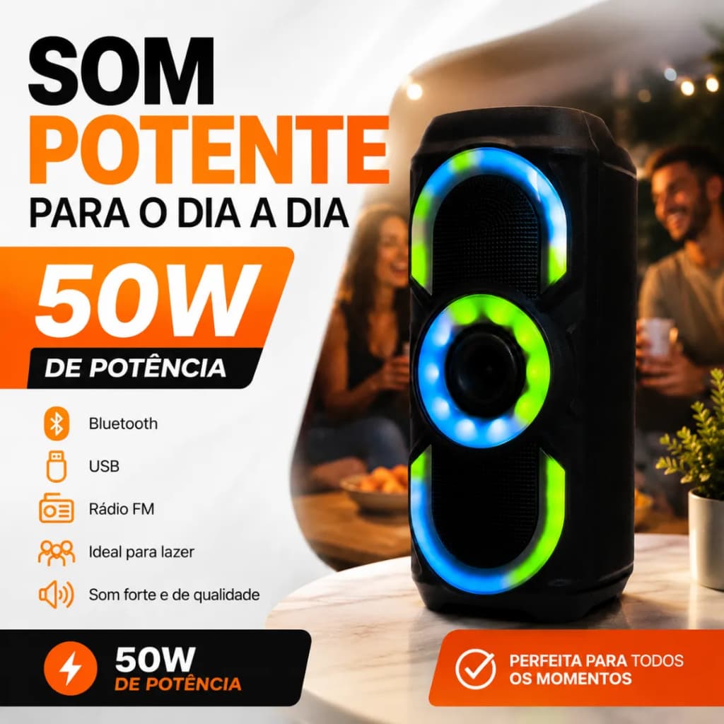 Caixa de Som Bluetooth Portátil 50W RGB LED Grande Som Alto TWS Portátil USB FM Com Graves Potentes