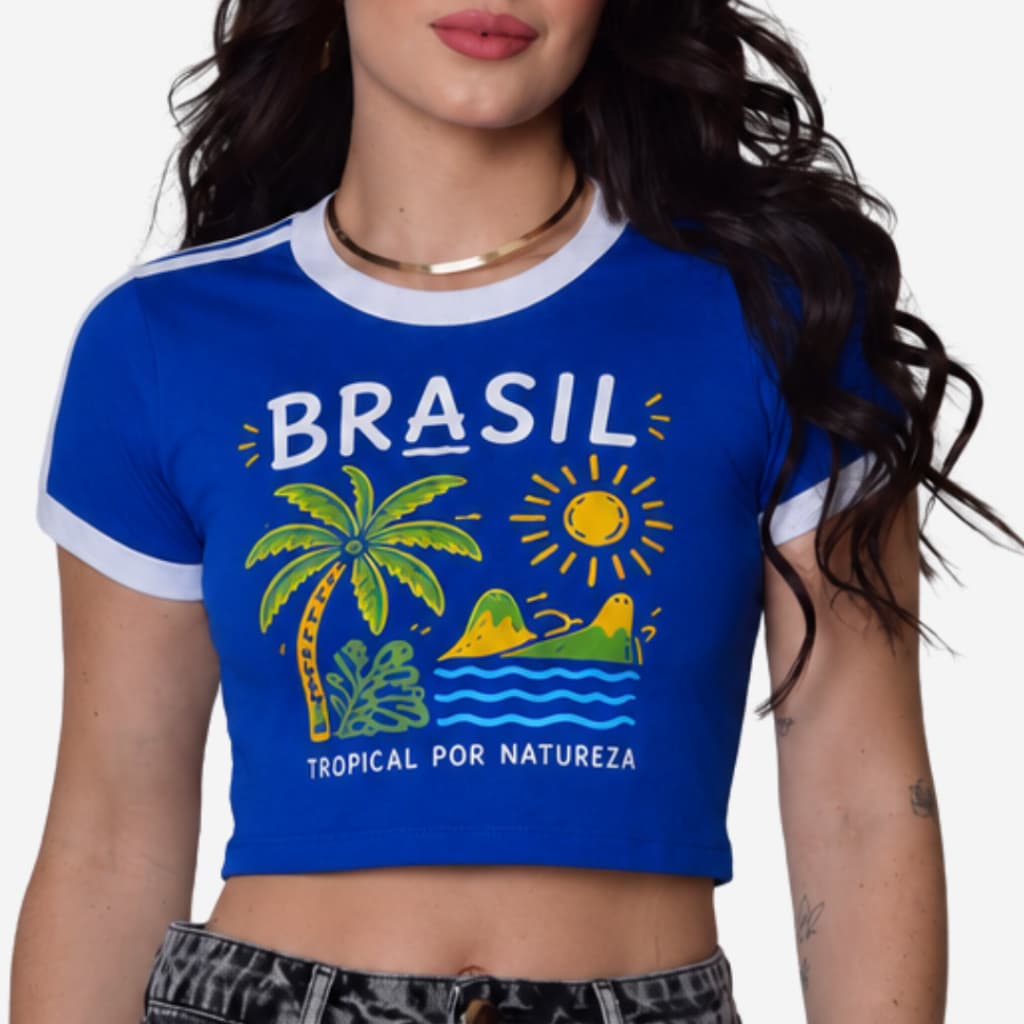 Kit 2 Camisetas Cropped Femininos Brasil Tropical Baby Look Praia Verão Coqueiro Sol Agua de Coco Estampa Brasileira