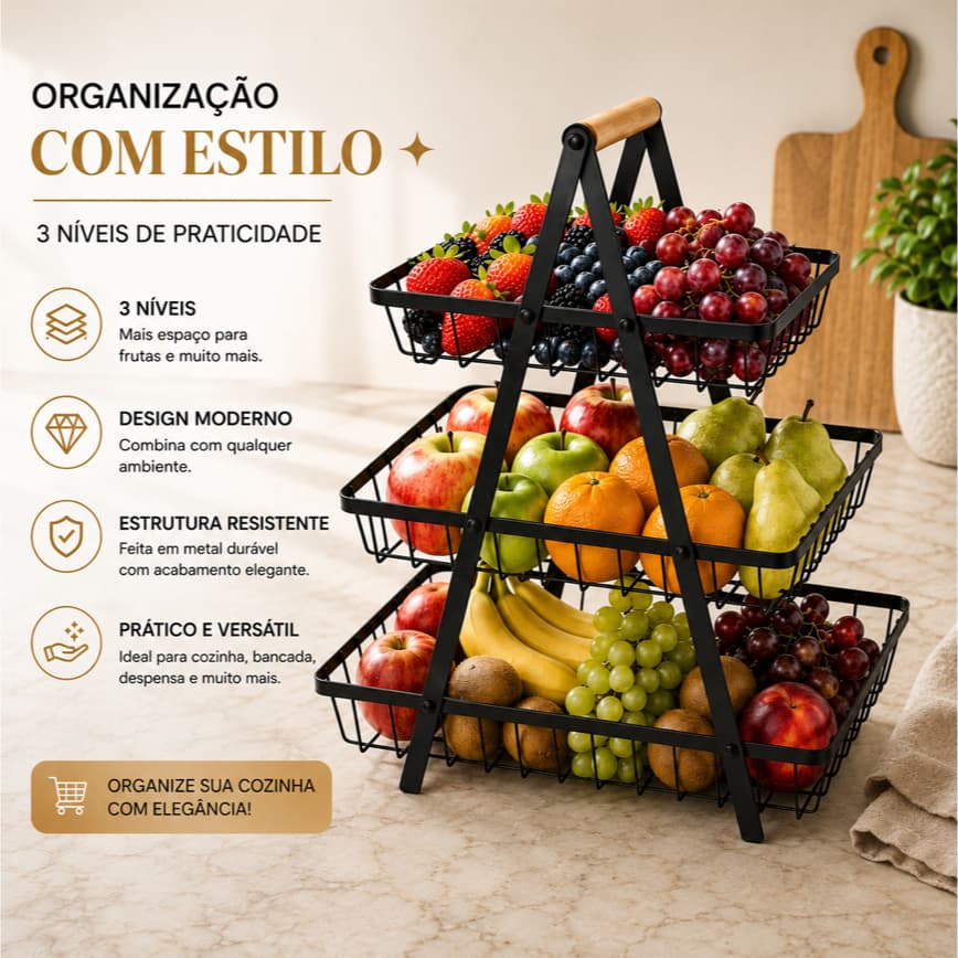 Fruteira De Mesa 3 Andares Organizador Multiuso Metal Aramad