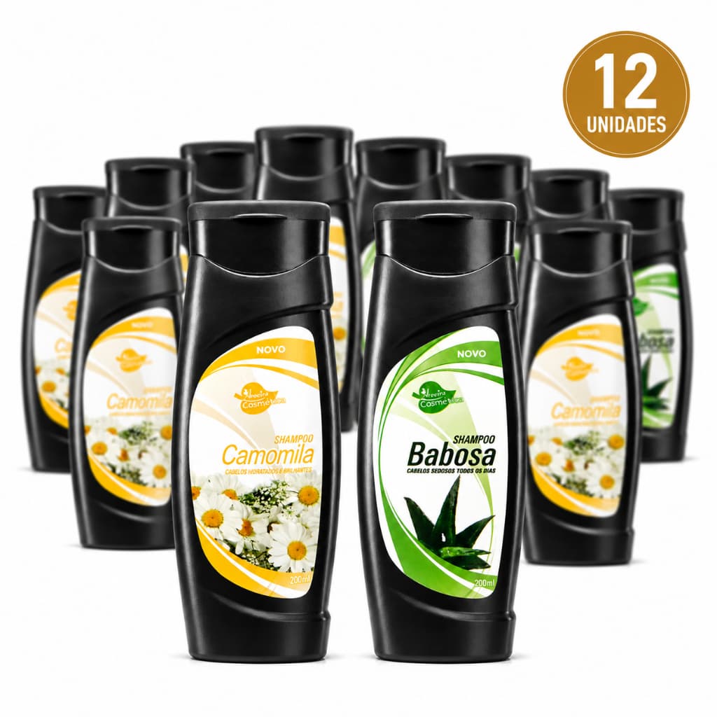 Kit 12 Shampoo Camomila E Babosa Aloe Vera 200ml Brilho Hidratação Cabelos Sedosos Aroeira Cosmética