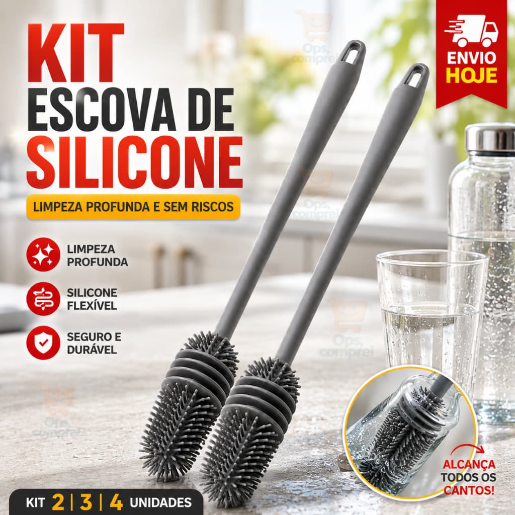 Kit Escova Silicone De Lavar Garrafa Mamadeira Copos Taça Multiuso Casa Limpeza