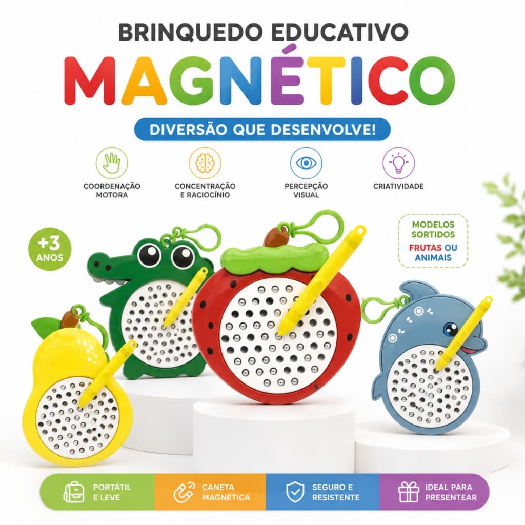 Brinquedo Magnético Infantil com Caneta Jogo Educativo Portátil Frutas ou Animais