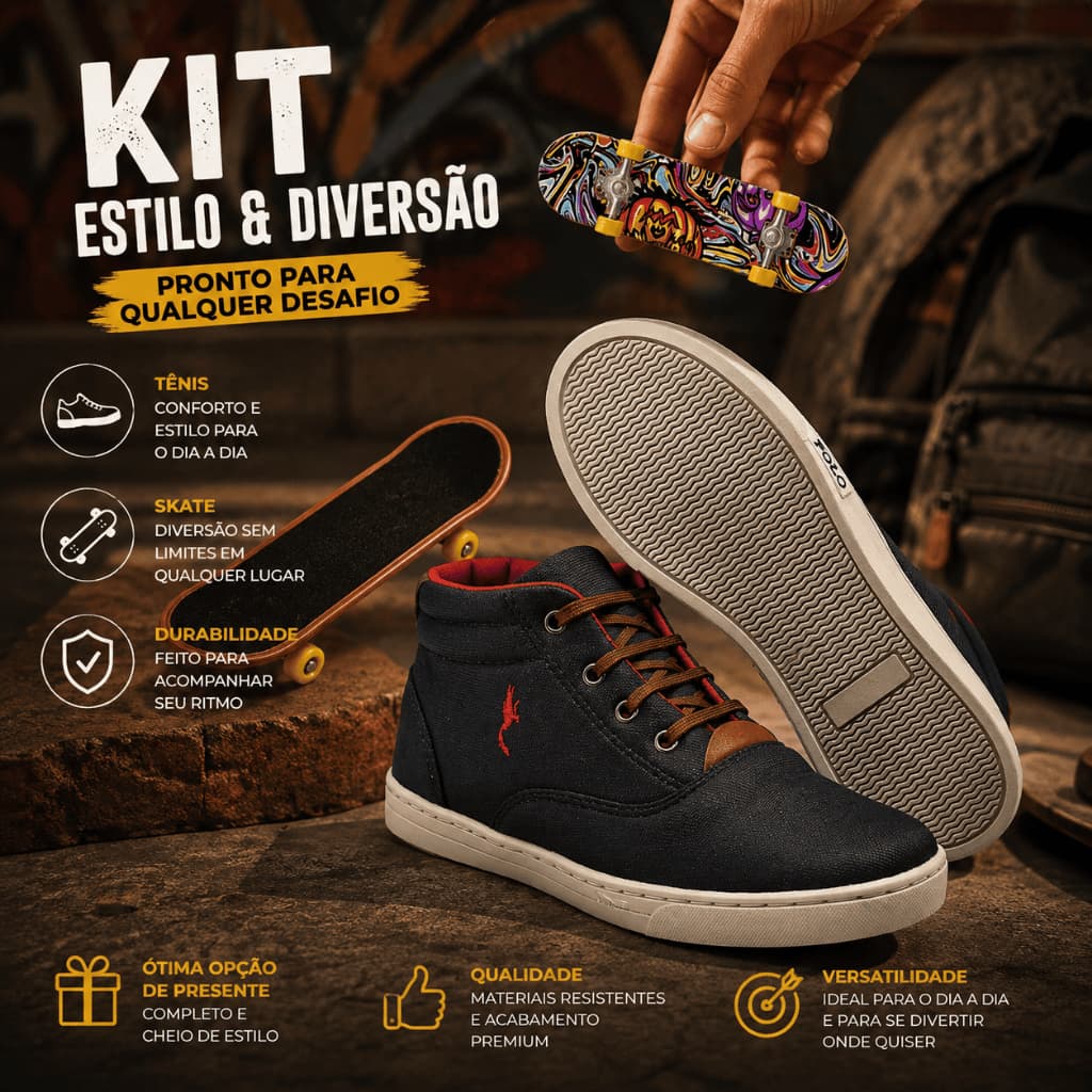 Kit Sapatênis Infantil Masculino Cano Alto Estiloso Confortável em Lona + Skate de Dedo