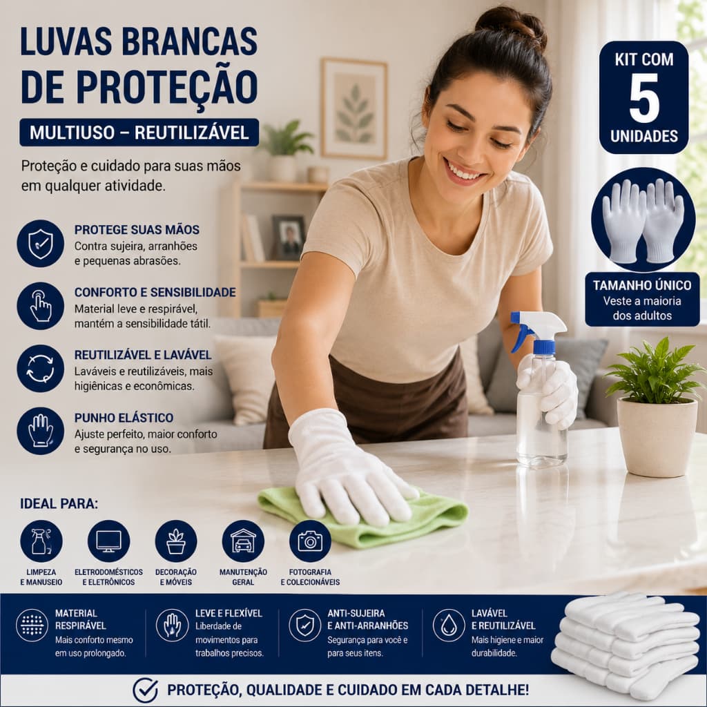 Kit 5 Pares Luvas Brancas de Proteção Multiuso Reutilizável Algodão Manuseio