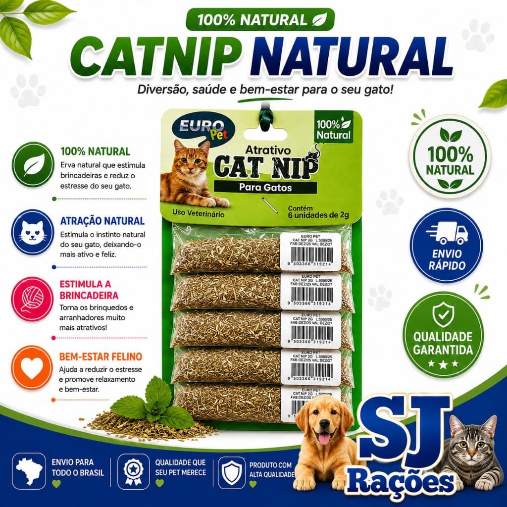 Catnip Natural Euro Pet para Gatos 2g – Unidade | Erva 100% Natural Atrativa para Felinos