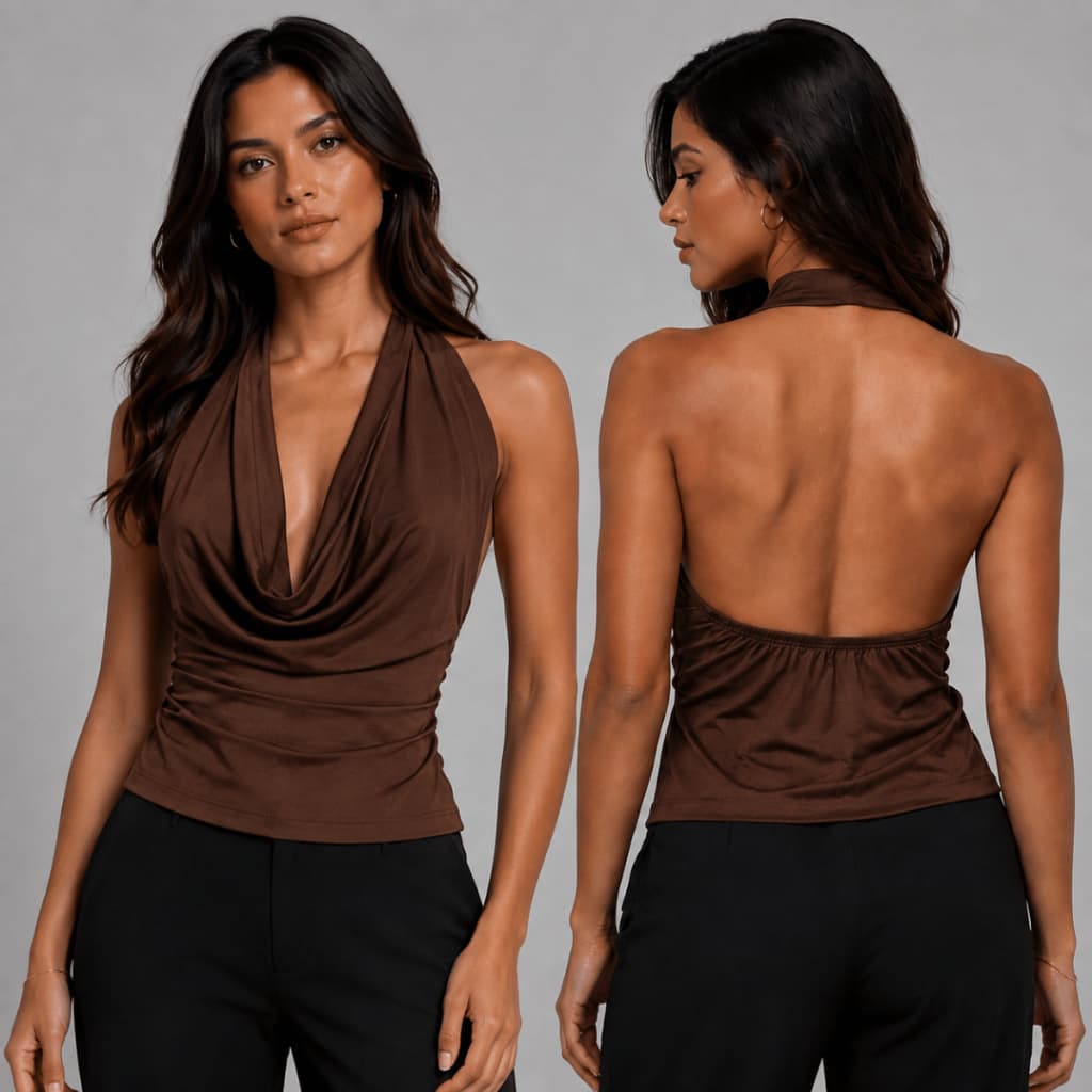 Blusa Frente Única Gola Boba Feminina Drapeada Elegante Costas Nua