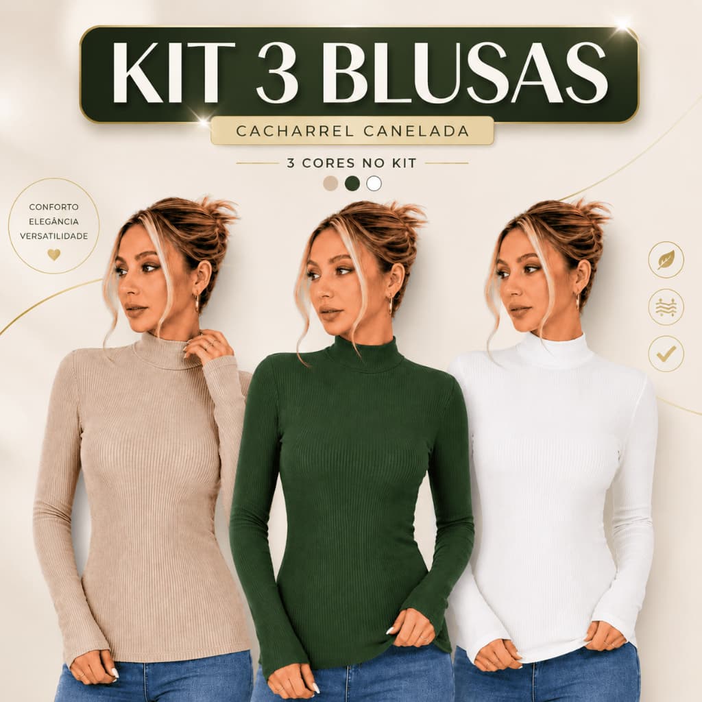 Kit com 3 Cacharrel Manga Longa Feminina Gola Alta Blusa de Frio Segunda Pele Inverno Elegante Moda Casual