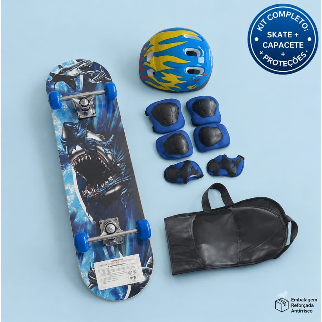 Skate Infantil Completo Menina Menino Estampado com Kit de Proteção Capacete Joelheiras e Bolsa Mochila