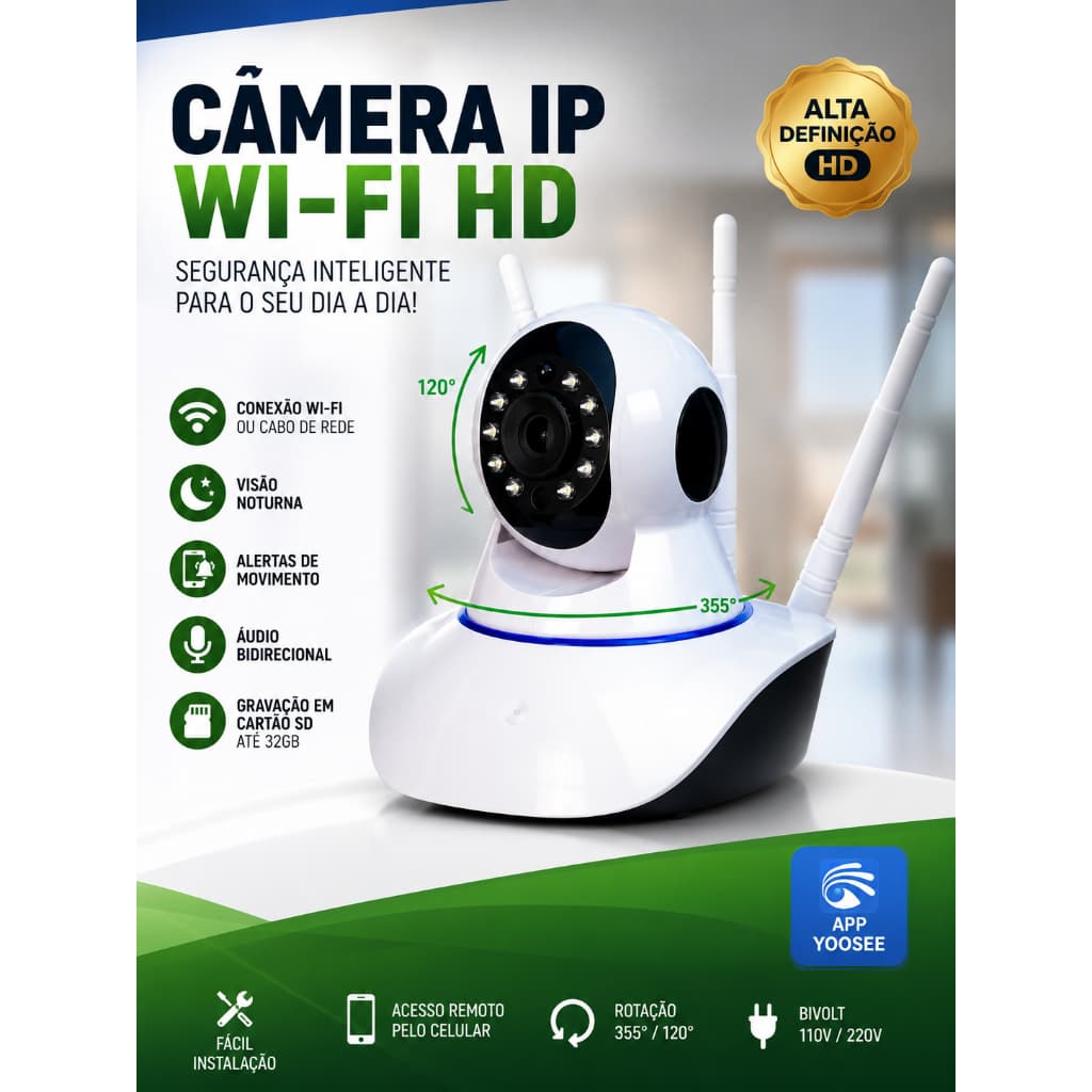 Câmera Babá Eletrônica com 3 Antenas Wifi HD