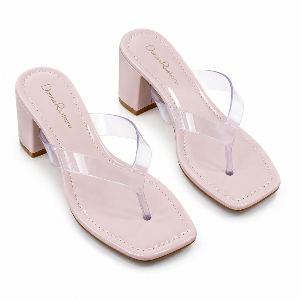 Tamanco Feminino Salto Bloco Baixo 6,5cm Vinil Transparente Bico Quadrado Palmilha Verniz Confortável
