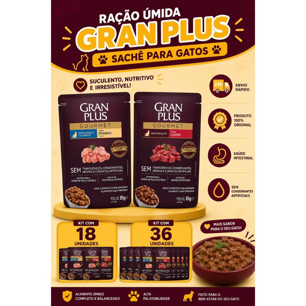 GRAN PLUS SACHÊ PARA GATOS CAIXA COM 18 UN DE 85G NUTRIÇÃO COMPLETA DIÁRIA