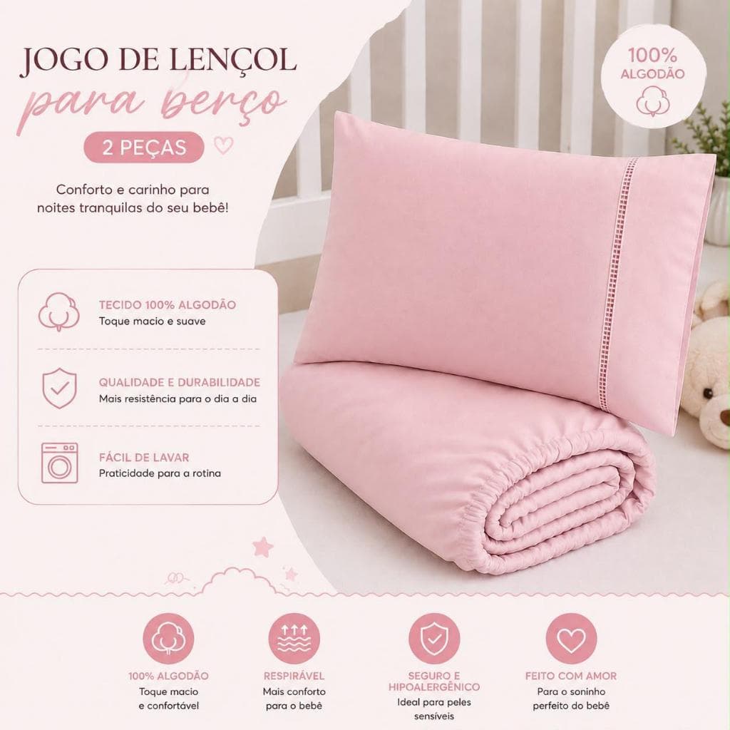 Jogo de Lençol para Berço 2 Peças - 100% Algodão