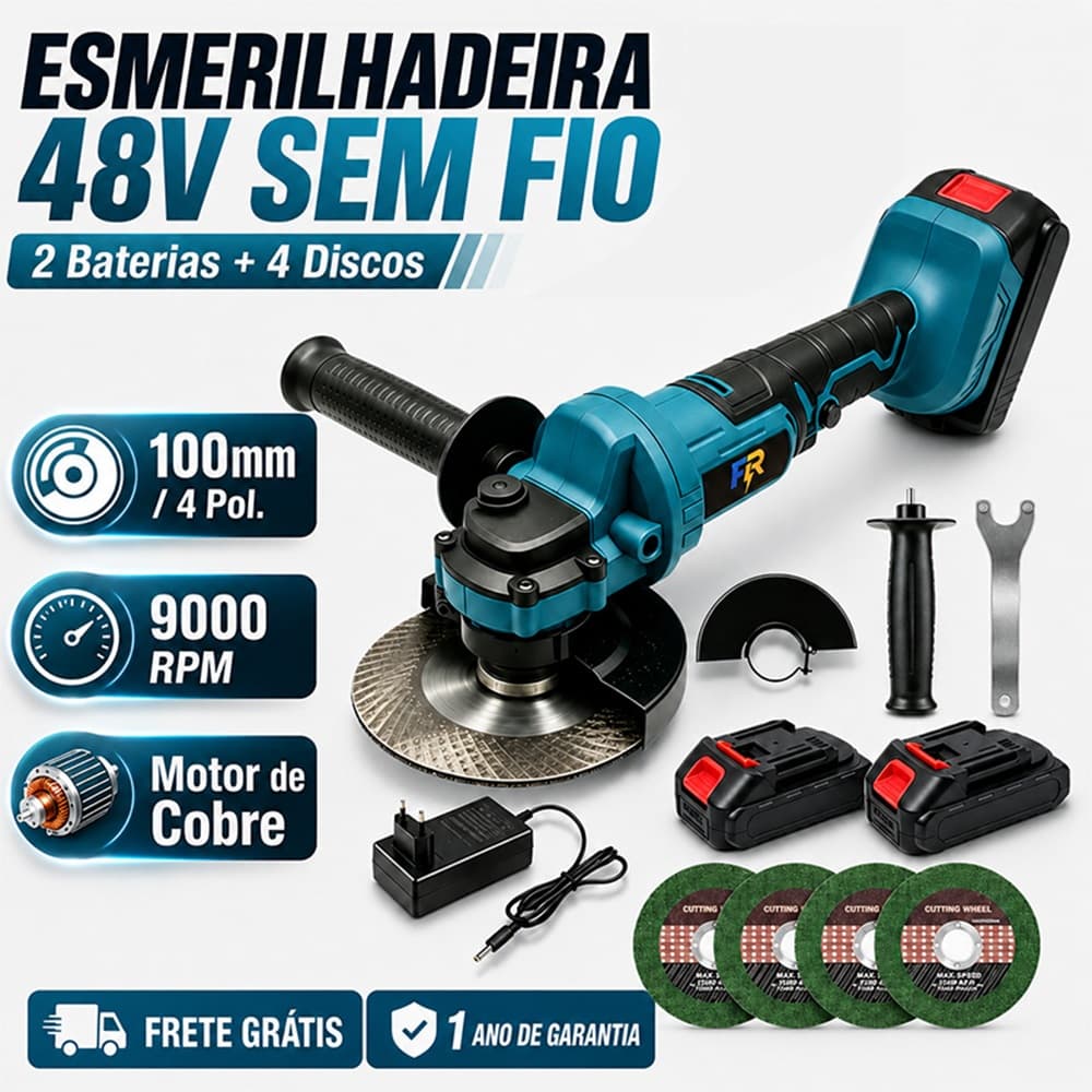 Esmerilhadeira Angular Sem Fio 48V 115mm 9000RPM com 1 ou 2 Baterias e 4 Discos