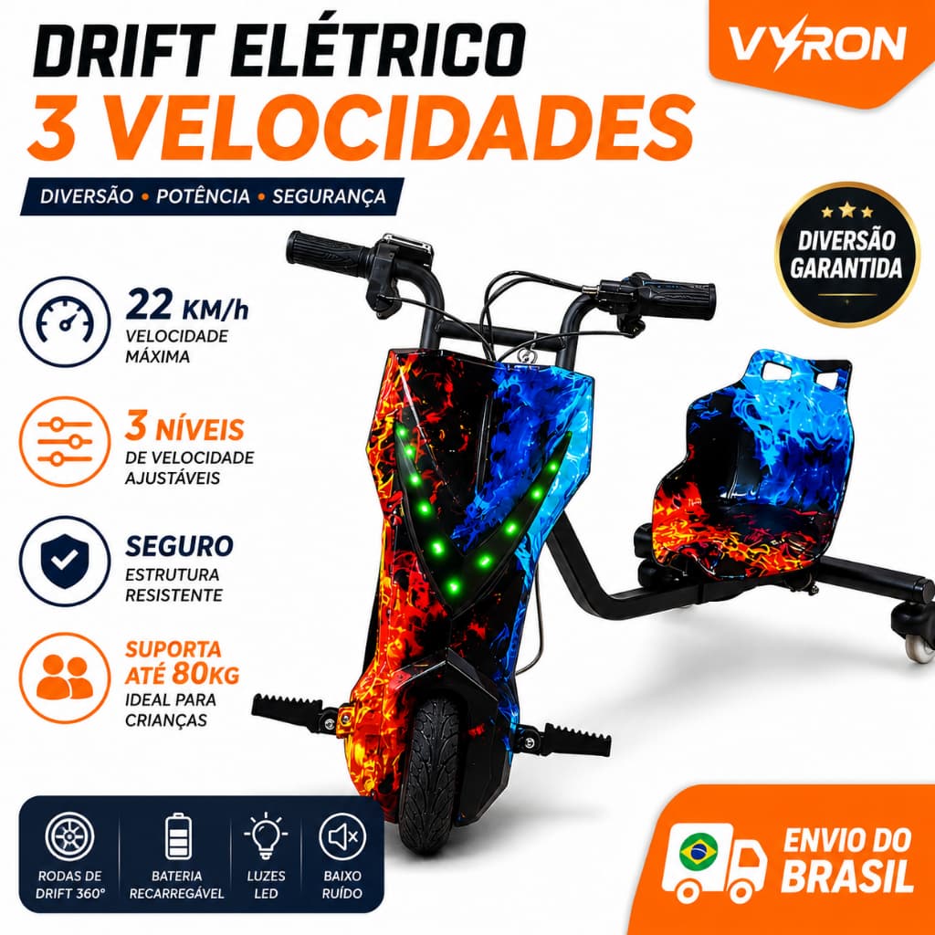 VYRON Triciclo Elétrico Drift 8” 36V 250W/350W com Bluetooth /Led/Bateria Recarregavel