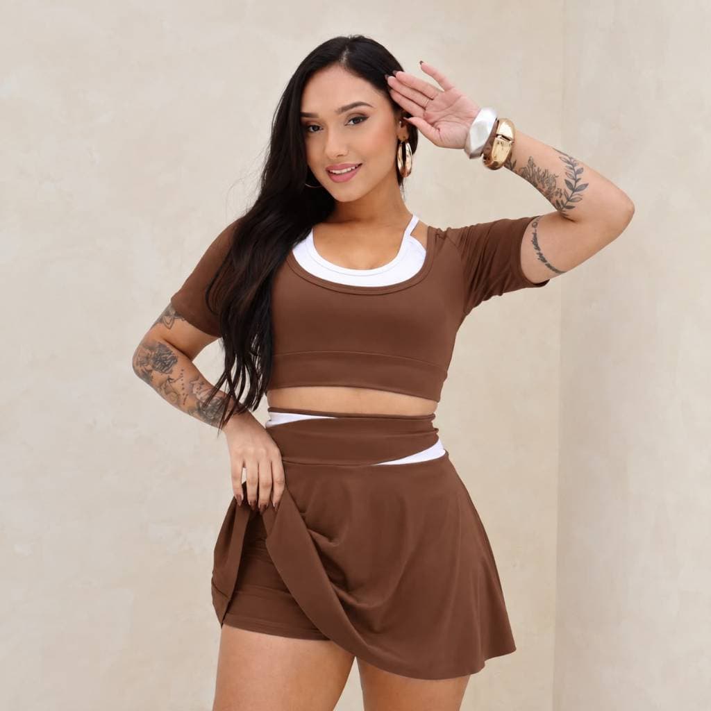 Conjunto Feminino 2 Peças Suplex Blusa Cropped e Short Saia Moda Blogueira Verão