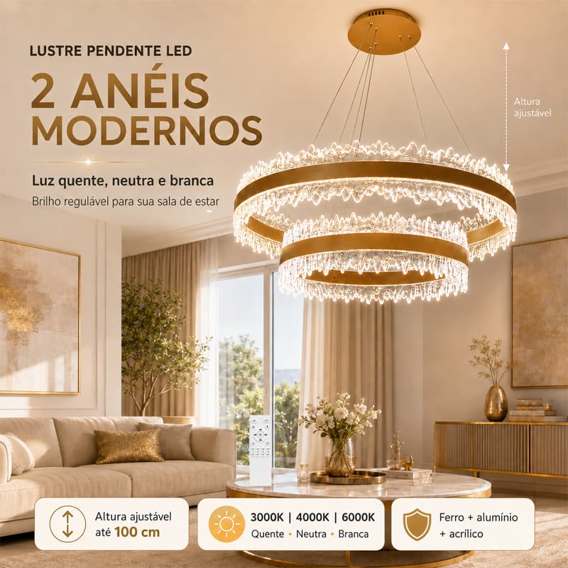 Lustre Pendente LED 2 Anéis 40+60cm Dourado Cristal Acrílico Luz Regulável 3 Cores Sala Jantar Quarto