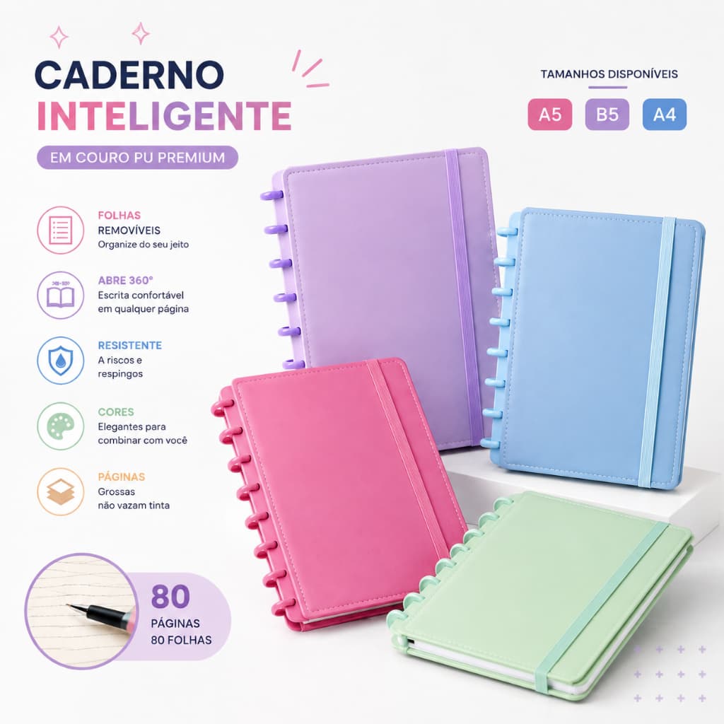Caderno inteligente de couro PU sólido premium, miolo substituível, ideal para estudos e trabalho